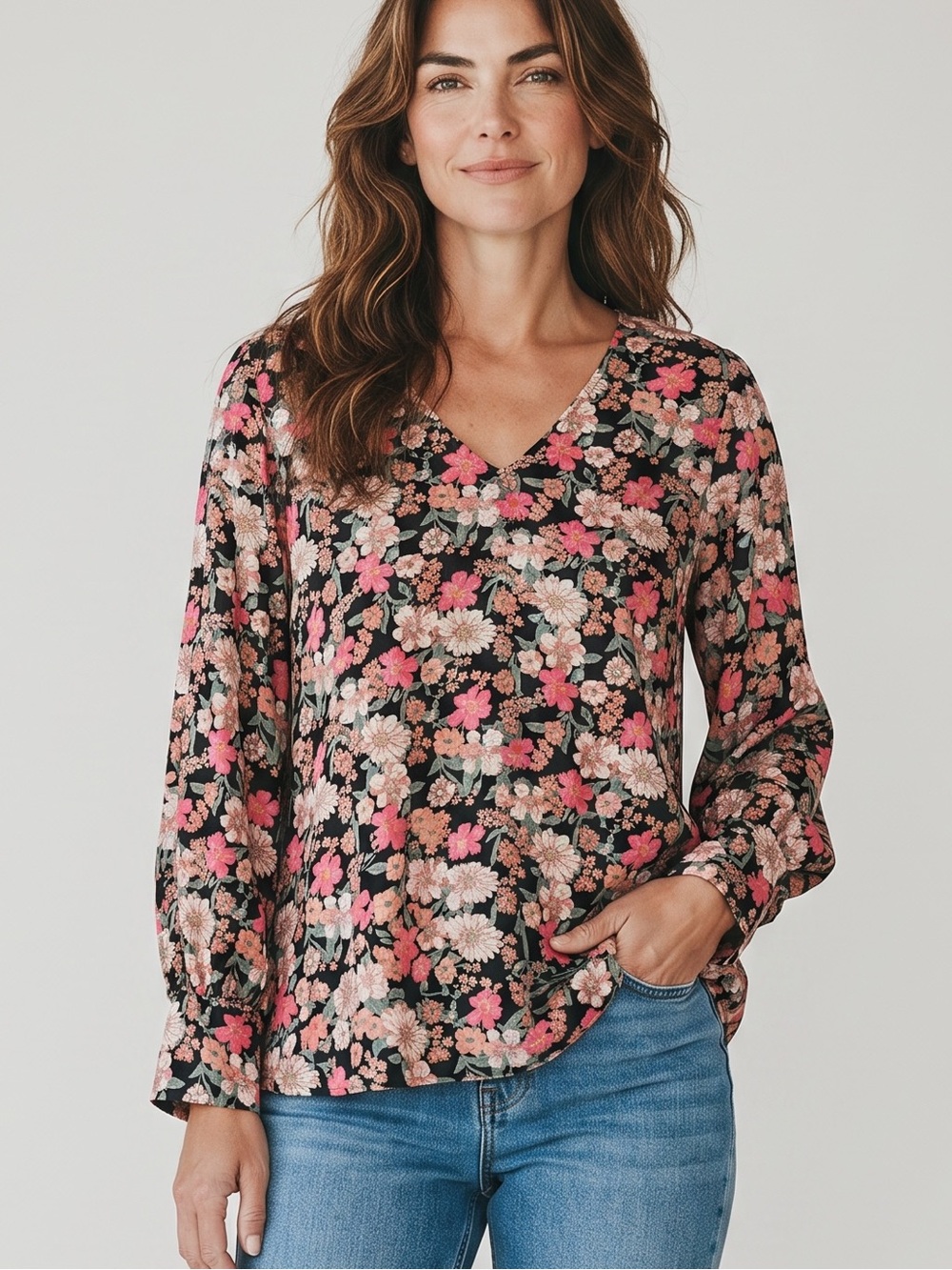 Jodifl Black Floral Chiffon V-Neck Long Sleeve Tunic Top Size Large - Picture 4 of 8